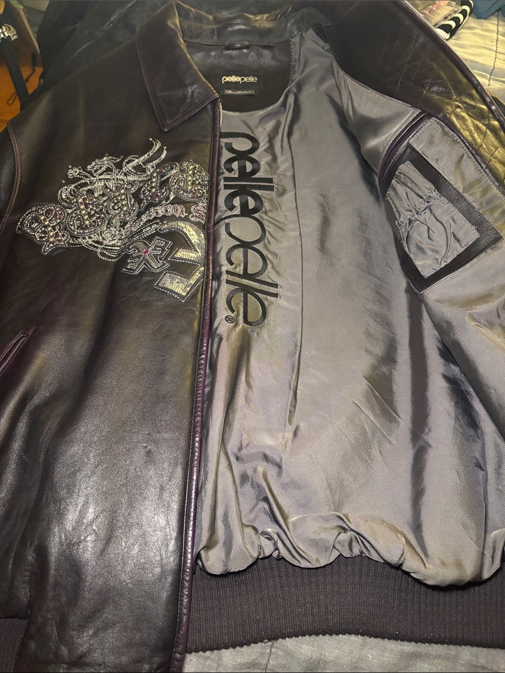 Pelle Pelle Purple Leather Jacket with Embellished Crest